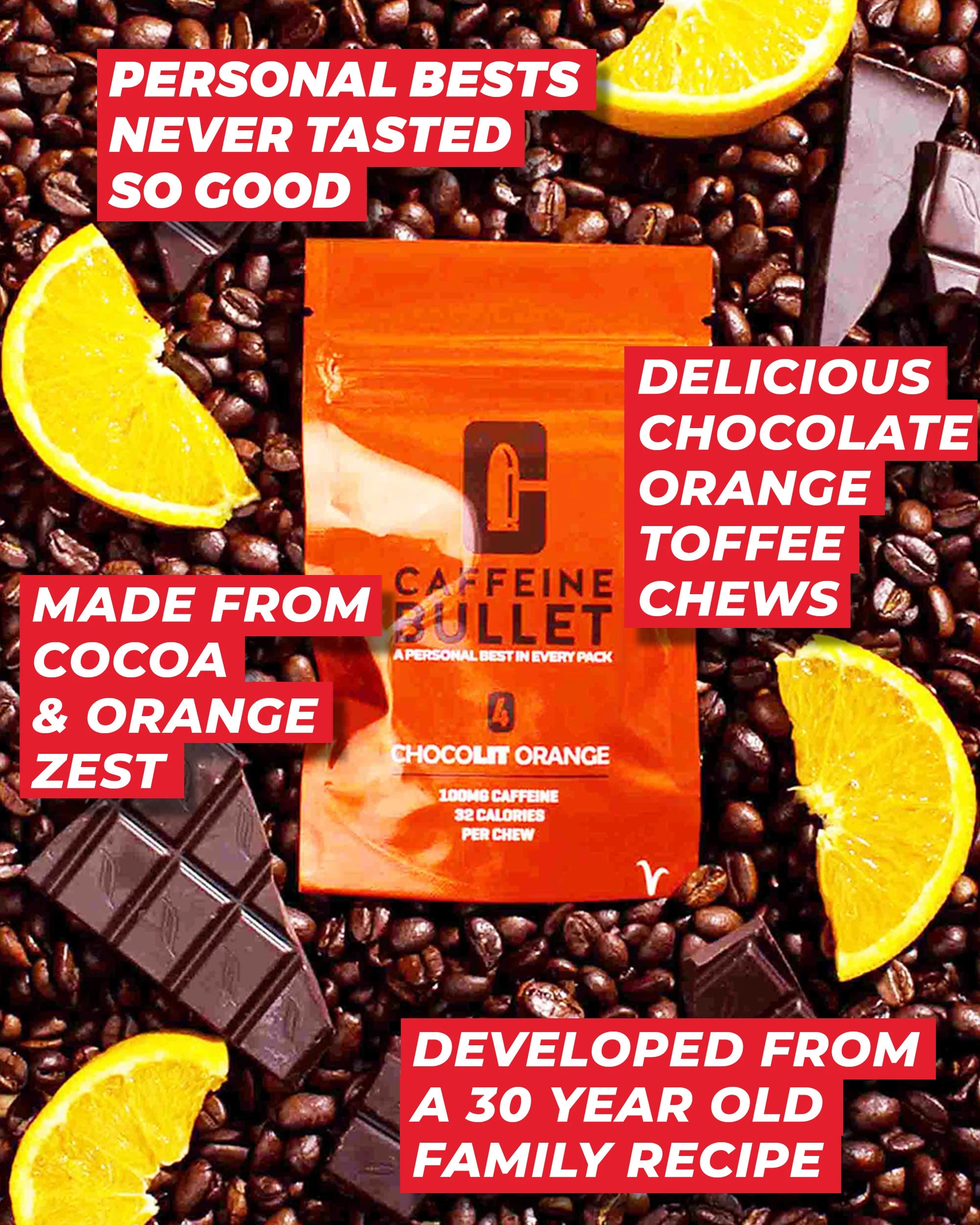 Chocolate Orange-flavored caffeine bullet with callouts highlighting key features and benefits